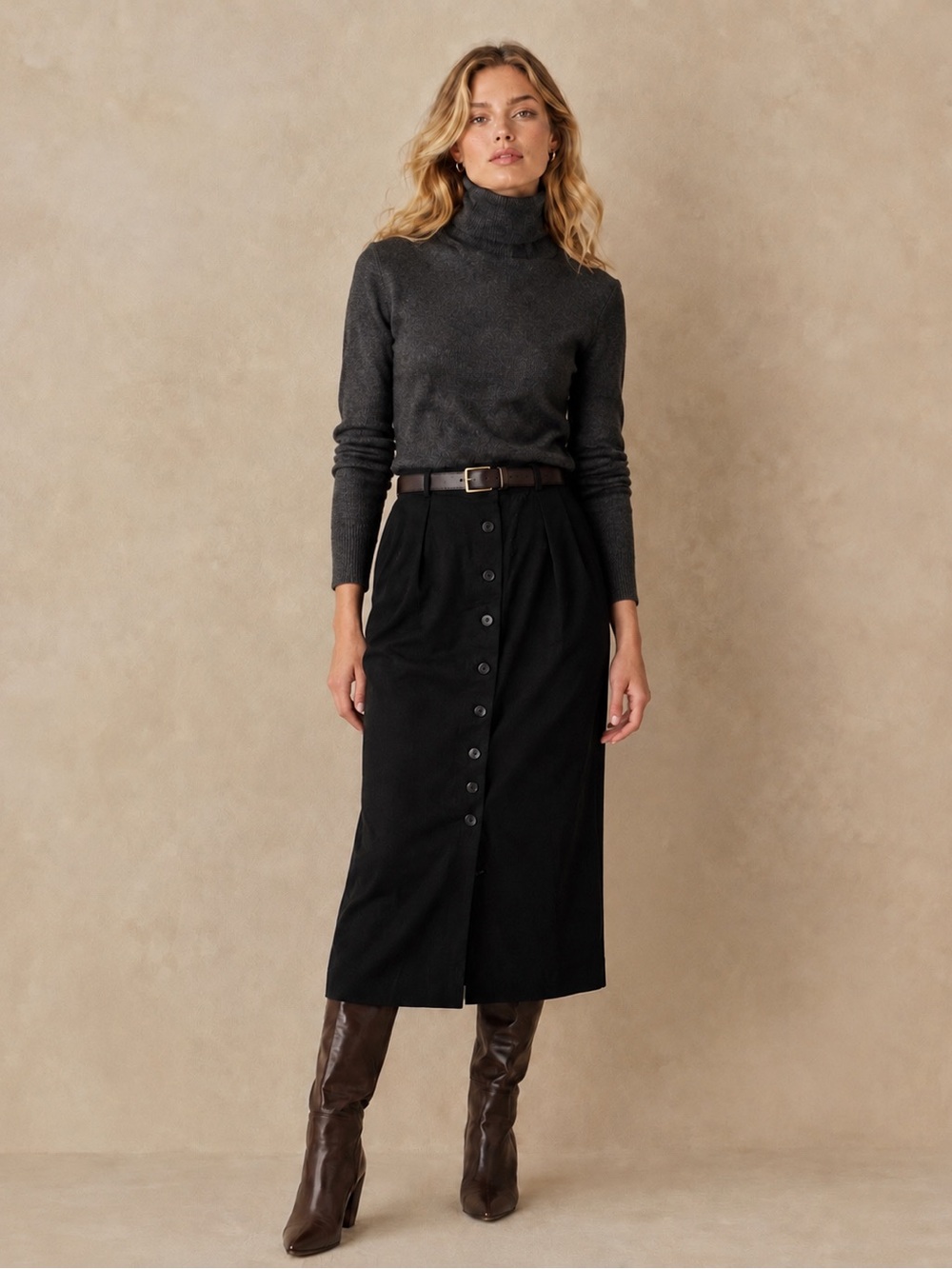 Black Wool Midi Skirt Worsted Wool Mark Button Front Jones New York 90s Size 12